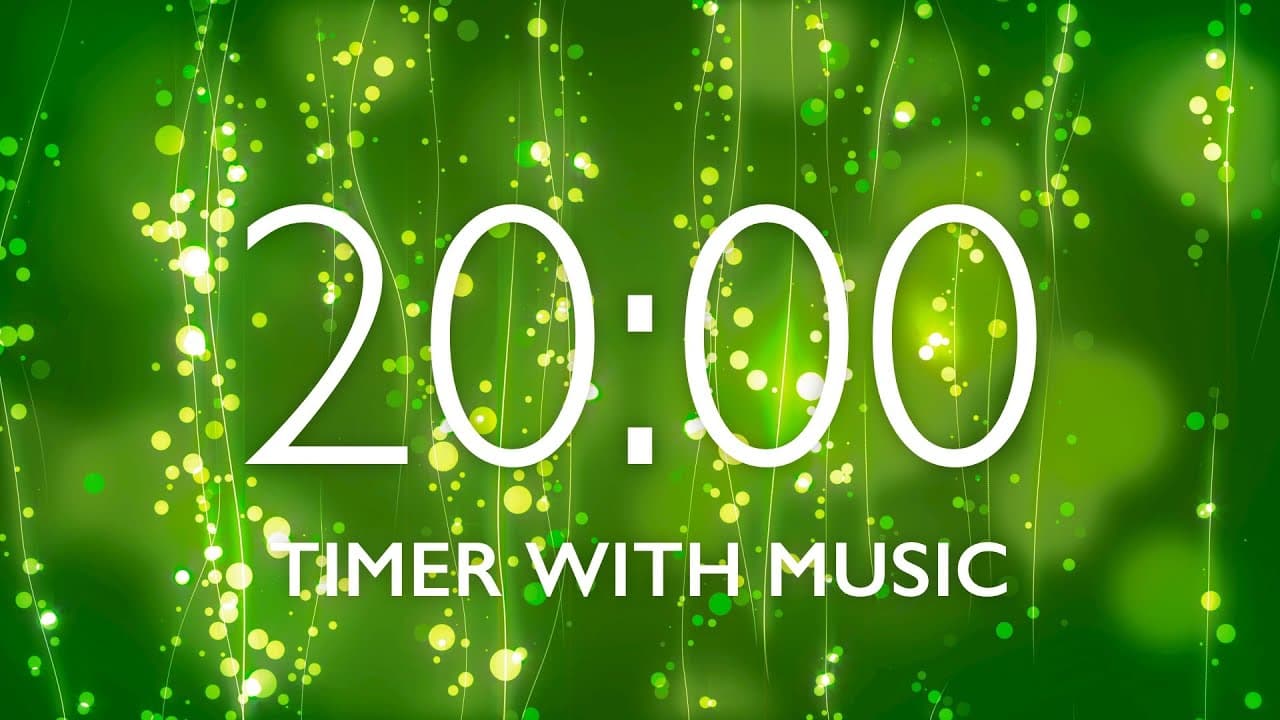 20 Minute Timer with Relaxing Music and Alarm – Green Sparkles Background