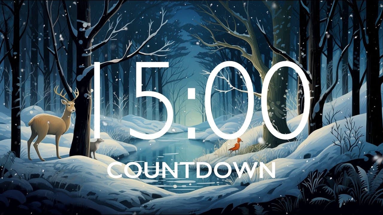 15 Minute Timer with Relaxing Music and Alarm – Snow Night Background, Version 3